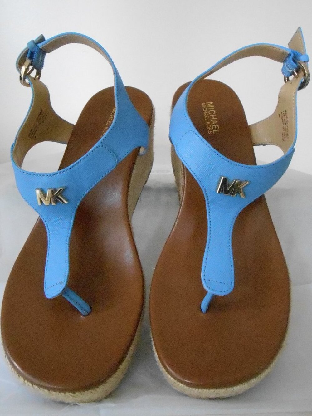 Michael Kors Women's Blue Leather Thong Jute Platform Heel Sandals Size-7M